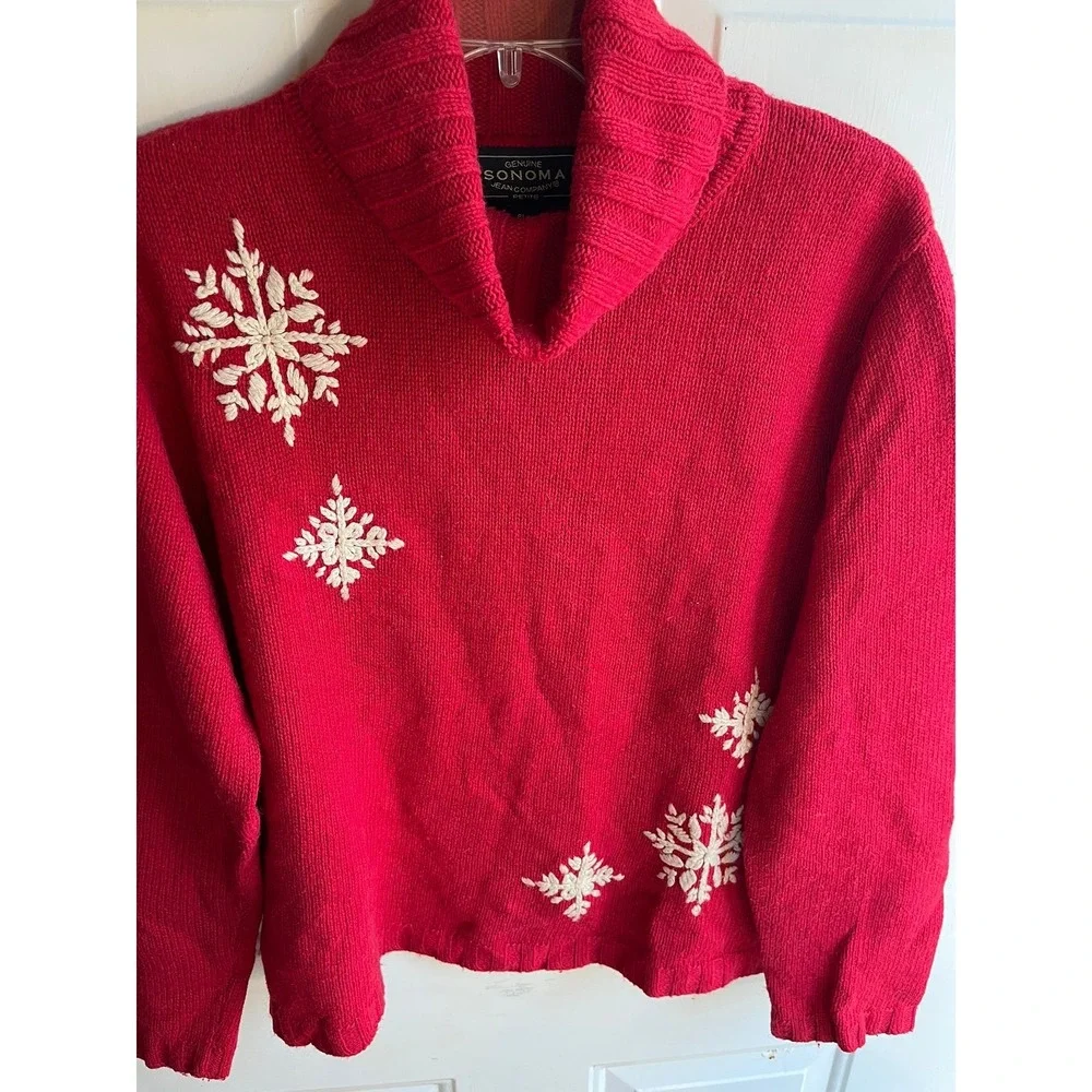 Vintage Womens Y2K Red Ramie Wool Blend Chunky Knit Turtleneck Snowflake Sweater
